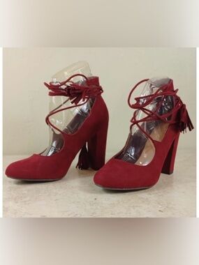 Rouge Helium Red Suede Lace-Up Block Heel Pumps